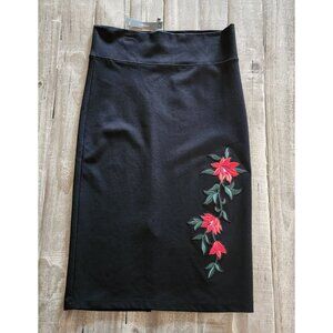 Labijou Pencil Skirt Large Embroidered Black Flowers Pull On‎ Elastic Waist NWT